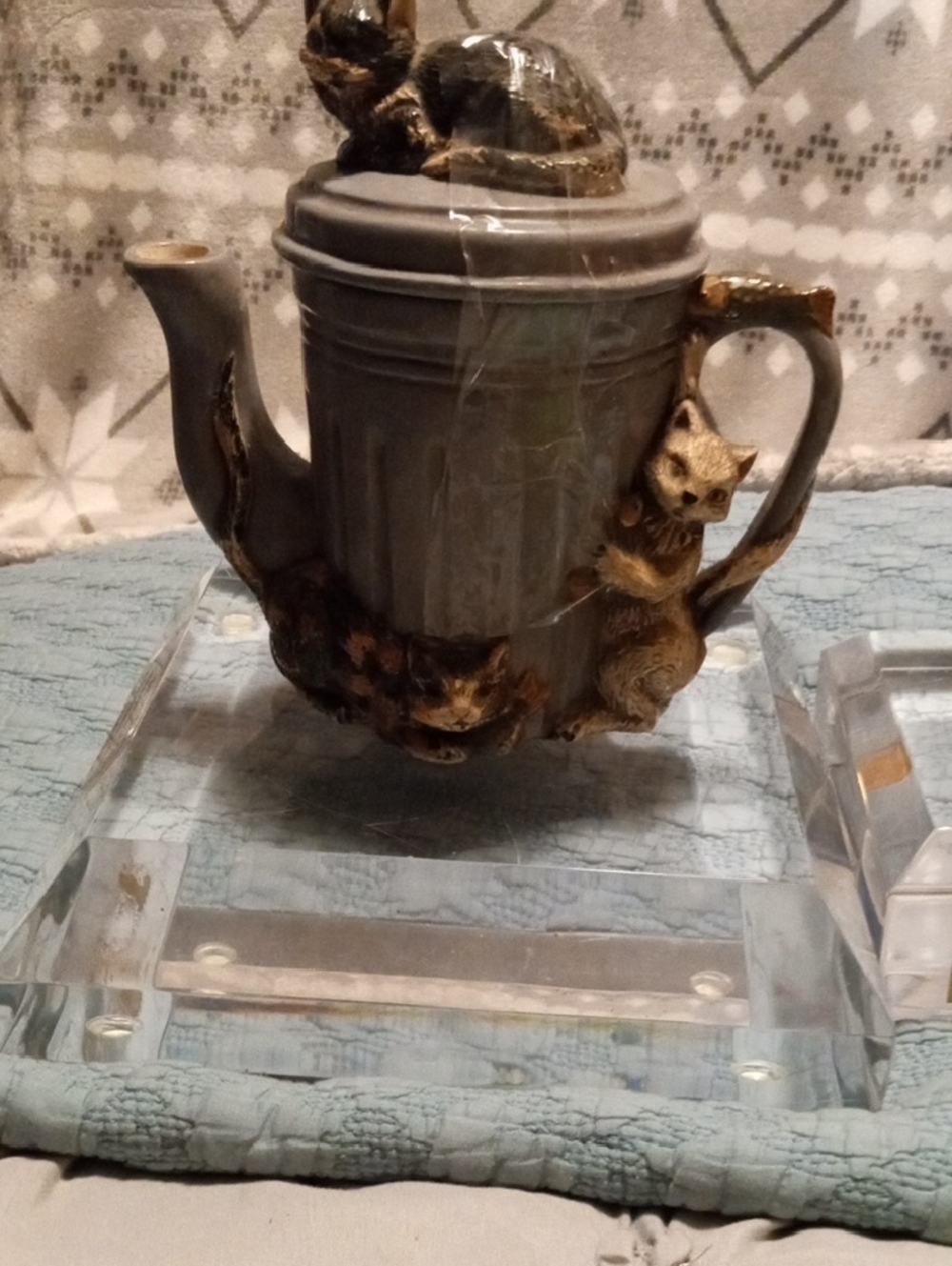 Gray Ceramic Teapot with Gold Cat Accents